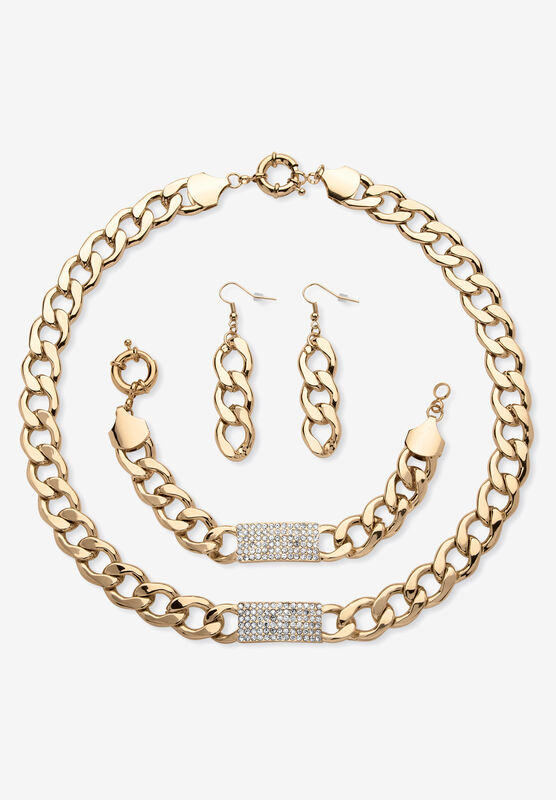 Crystal Gold Tone Link Necklace Bracelet and Earrings Set 